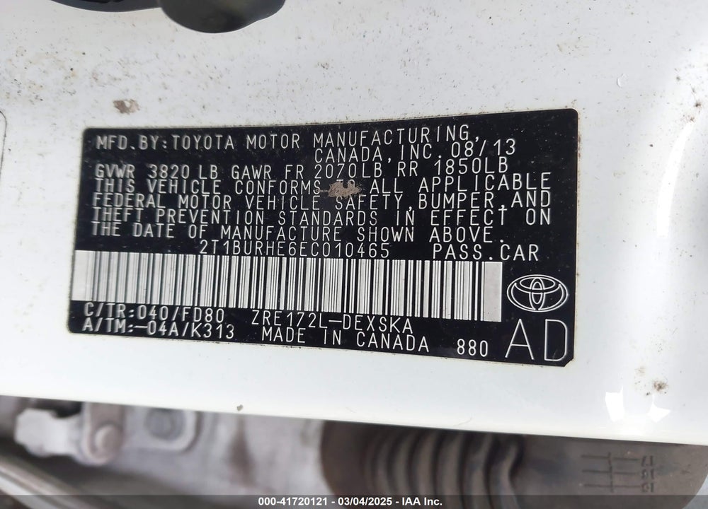 2014 TOYOTA COROLLA VIN: 2T1BURHE6EC010465