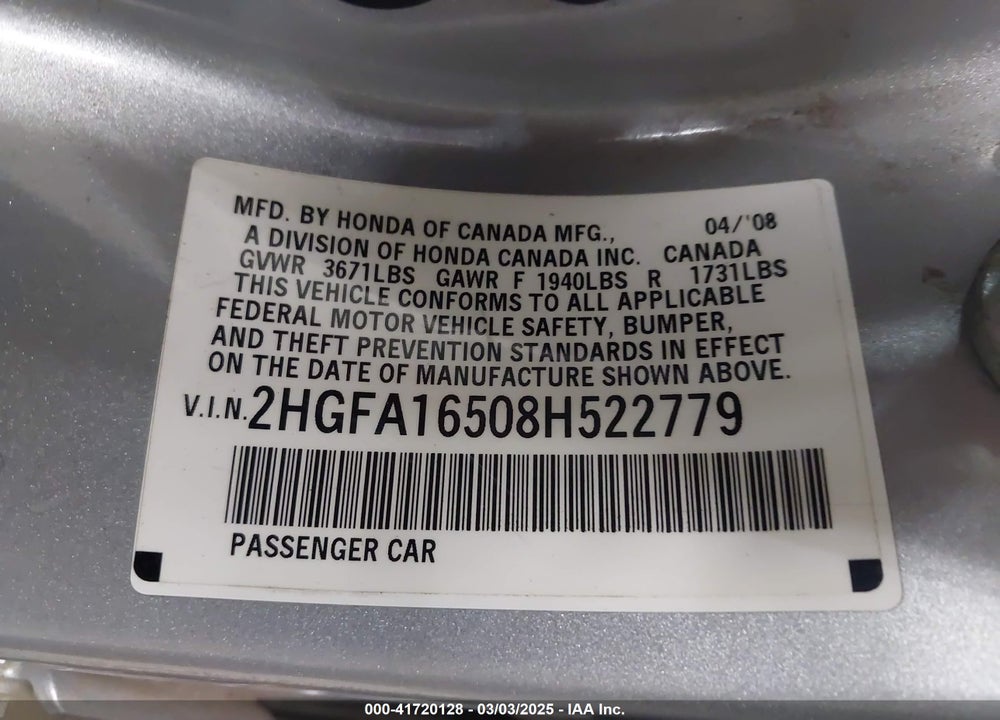 2008 HONDA CIVIC LX VIN: 2HGFA16508H522779