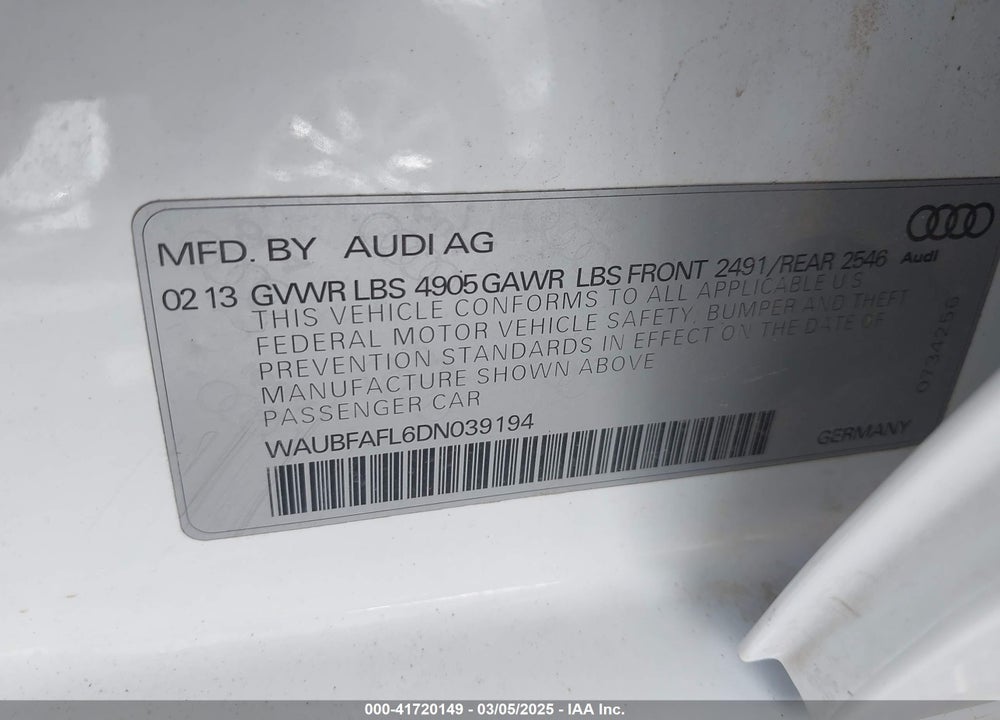 2013 AUDI A4 VIN: WAUBFAFL6DN039194
