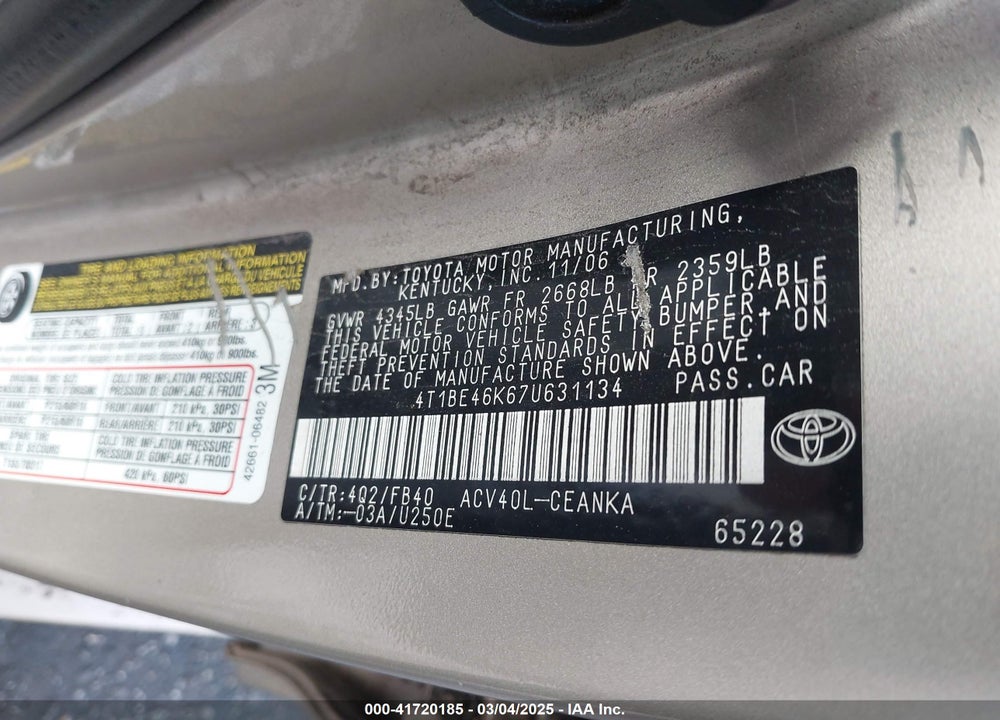 2007 TOYOTA CAMRY VIN: 4T1BE46K67U631134