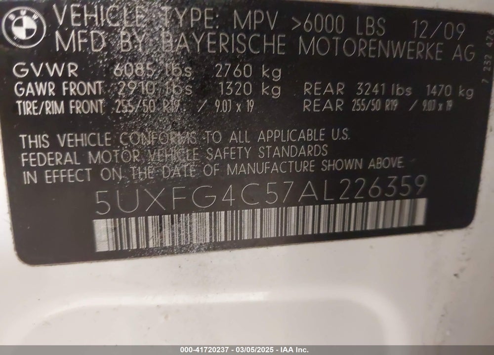 2010 BMW X6 XDRIVE35I VIN: 5UXFG4C57AL226359