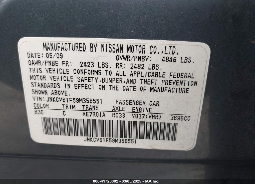 2009 INFINITI G37X VIN: JNKCV61F59M356551