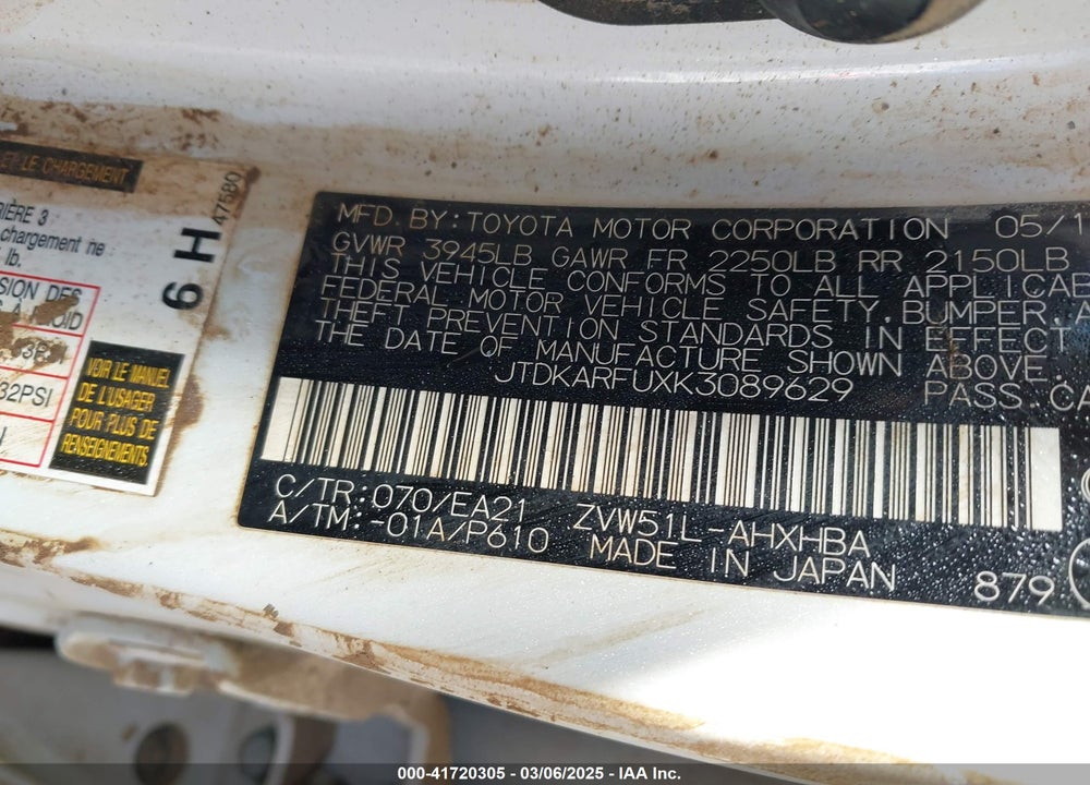 2019 TOYOTA PRIUS VIN: JTDKARFUXK3089629