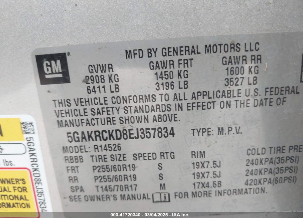 2014 BUICK ENCLAVE PREMIUM VIN: 5GAKRCKD8EJ357834