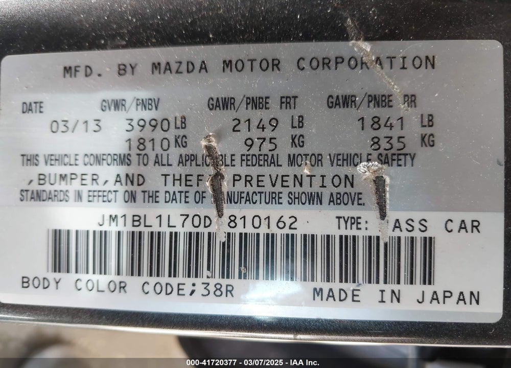 2013 MAZDA MAZDA3 VIN: JM1BL1L70D1810162