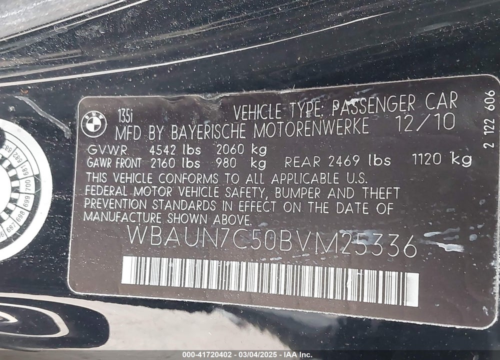 2011 BMW 135I VIN: WBAUN7C50BVM25336