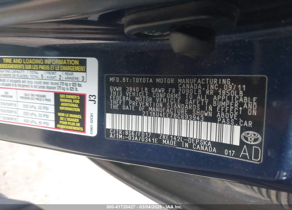 2011 TOYOTA COROLLA S VIN: 2T1BU4EE7BC693943