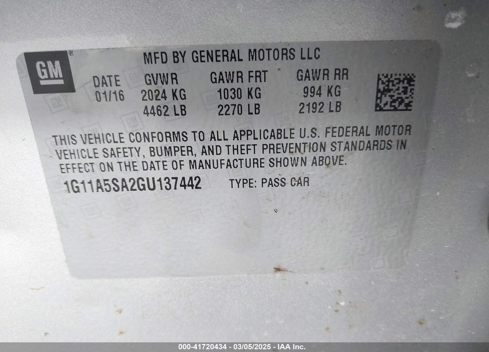 2016 CHEVROLET MALIBU LIMITED VIN: 1G11A5SA2GU137442