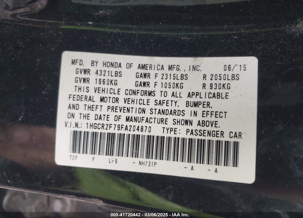 2015 HONDA ACCORD VIN: 1HGCR2F79FA204870