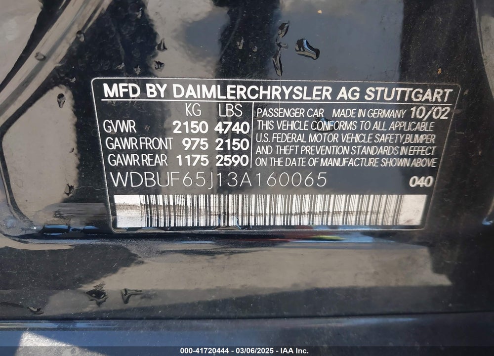 2003 MERCEDES-BENZ E 320 VIN: WDBUF65J13A160065