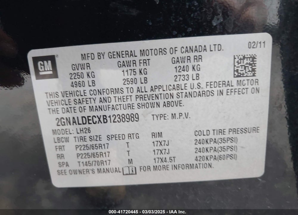 2011 CHEVROLET EQUINOX 1LT VIN: 2GNALDECXB1238989