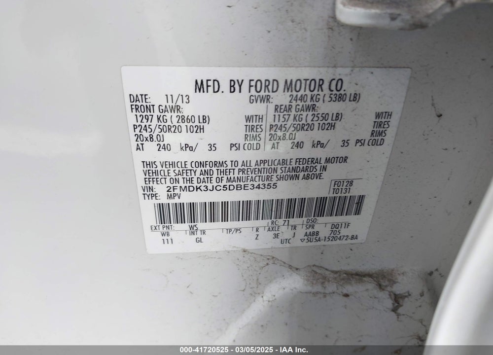2013 FORD EDGE SEL VIN: 2FMDK3JC5DBE34355
