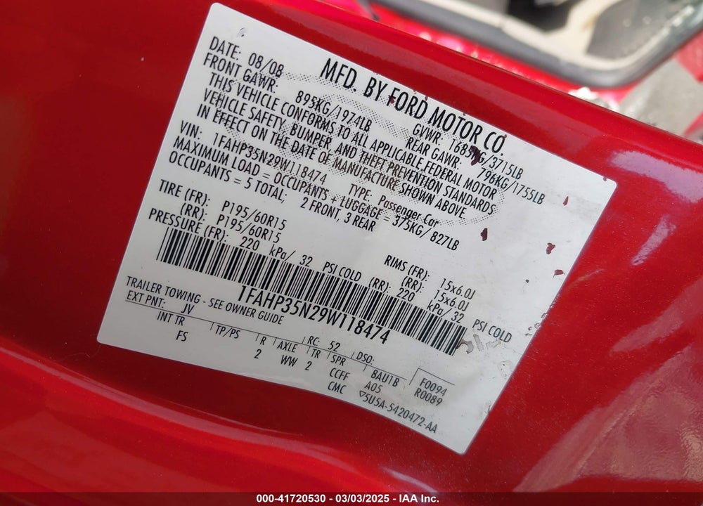2009 FORD FOCUS SE VIN: 1FAHP35N29W118474