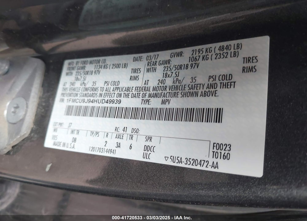 2017 FORD ESCAPE TITANIUM VIN: 1FMCU9J94HUD49939