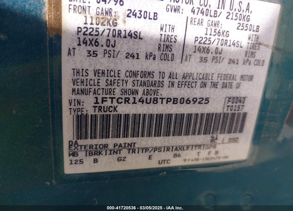 1996 FORD RANGER SUPER CAB VIN: 1FTCR14U8TPB06925