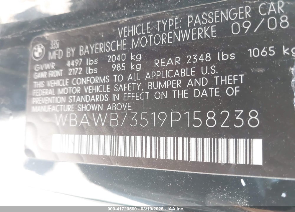 2009 BMW 335I VIN: WBAWB73519P158238
