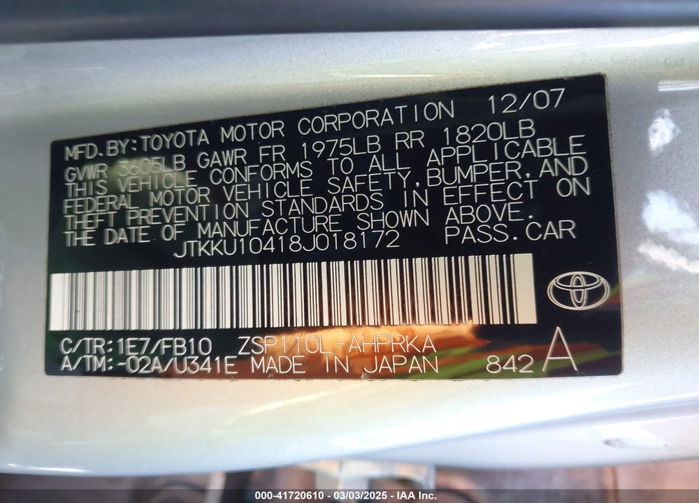2008 SCION XD VIN: JTKKU10418J018172