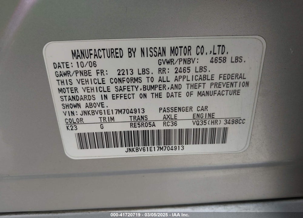 2007 INFINITI G35 VIN: JNKBV61E17M704913