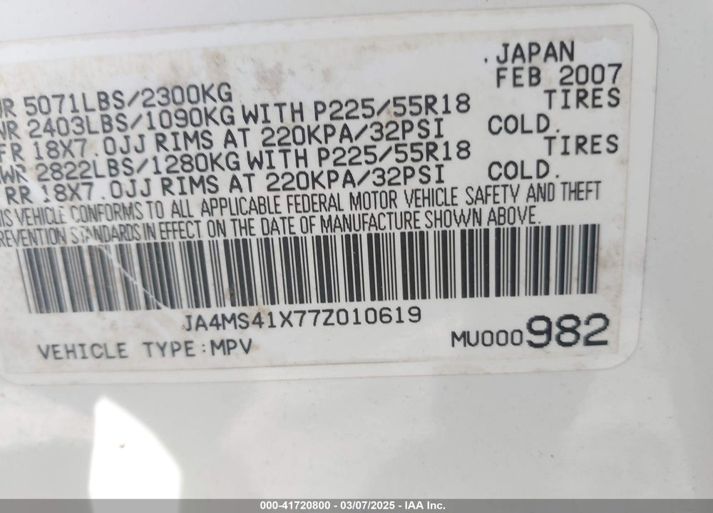 2007 MITSUBISHI OUTLANDER VIN: JA4MS41X77Z010619