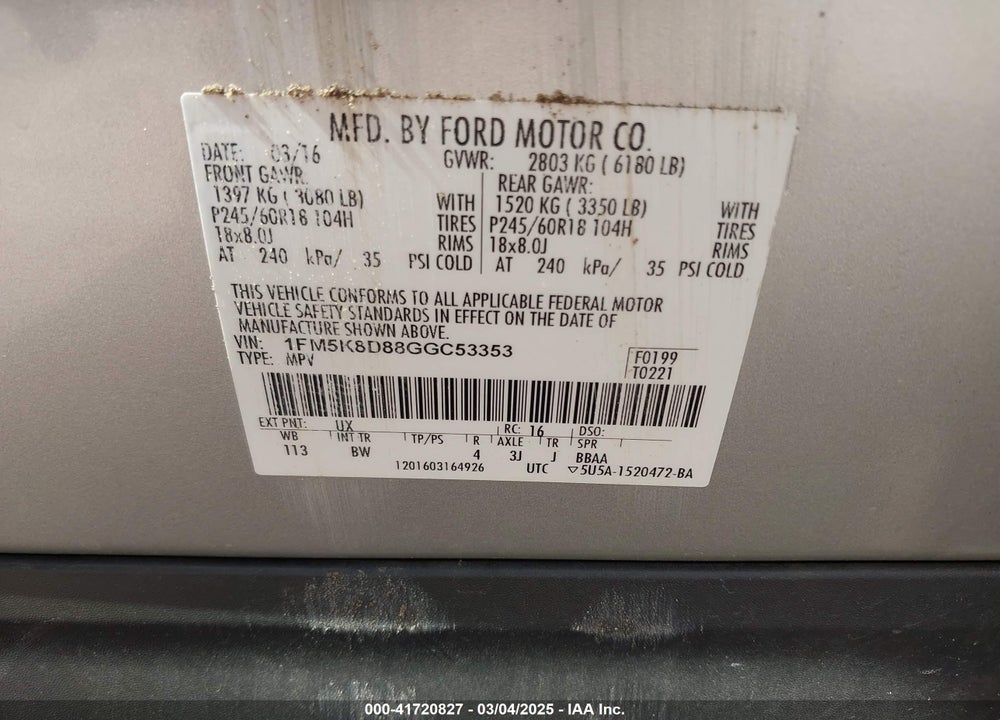 2016 FORD EXPLORER XLT VIN: 1FM5K8D88GGC53353