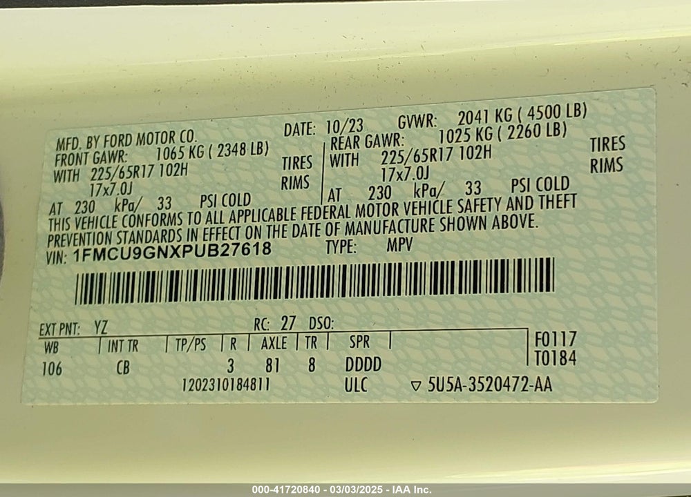 2023 FORD ESCAPE ACTIVE VIN: 1FMCU9GNXPUB27618