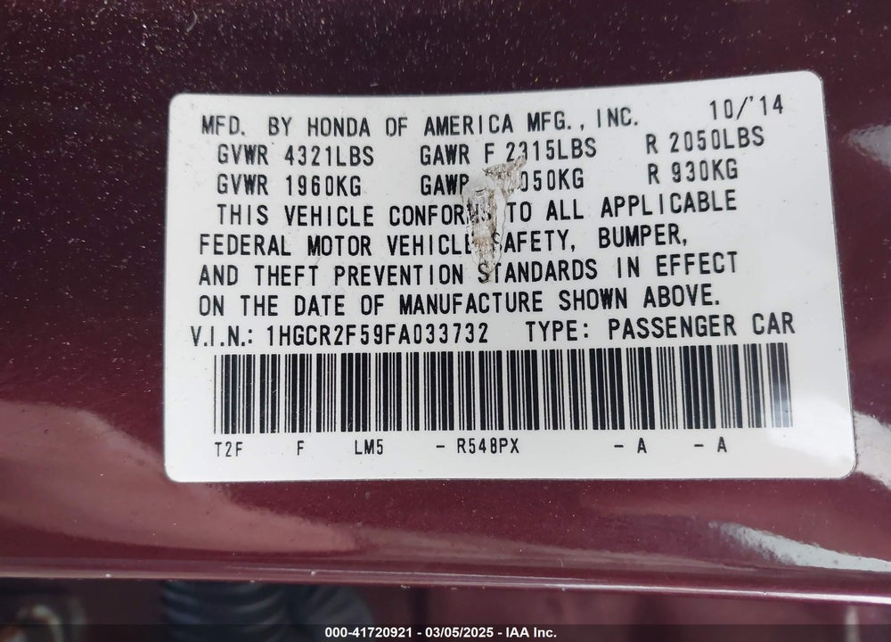 2015 HONDA ACCORD VIN: 1HGCR2F59FA033732