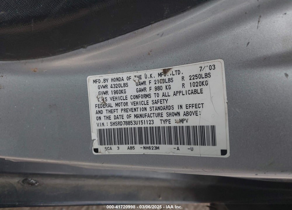2003 HONDA CR-V EX VIN: SHSRD78853U151123