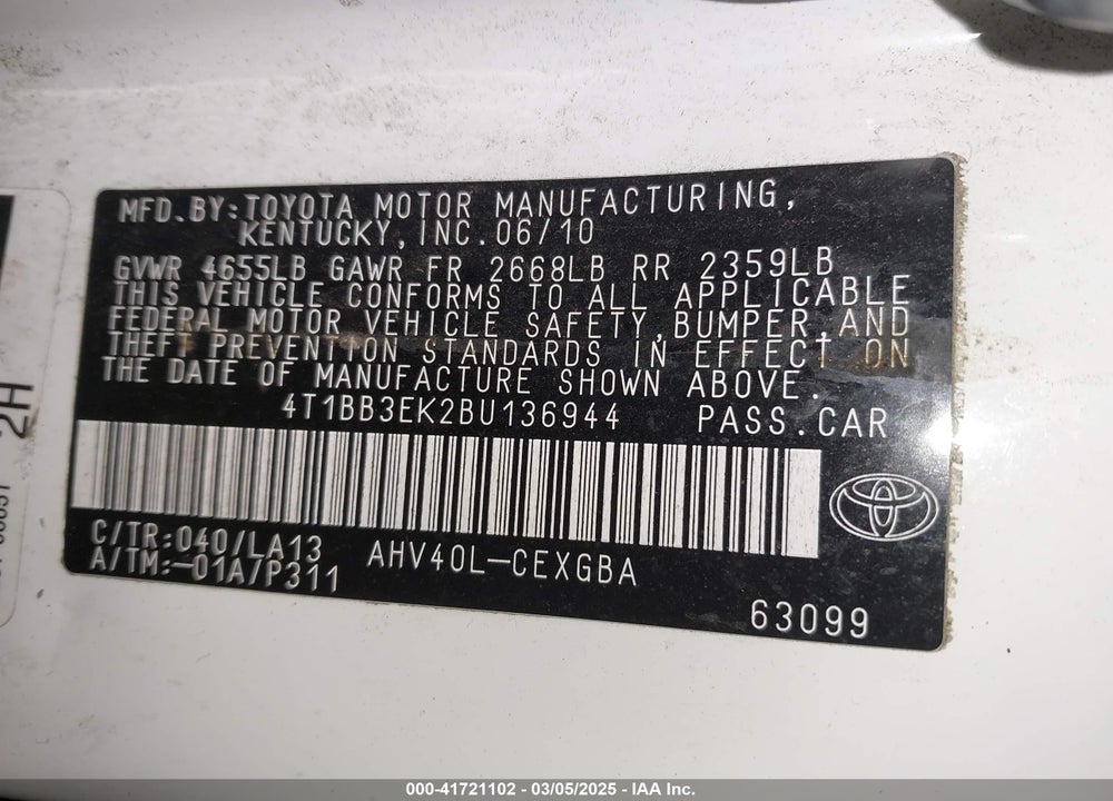 2011 TOYOTA CAMRY HYBRID VIN: 4T1BB3EK2BU136944