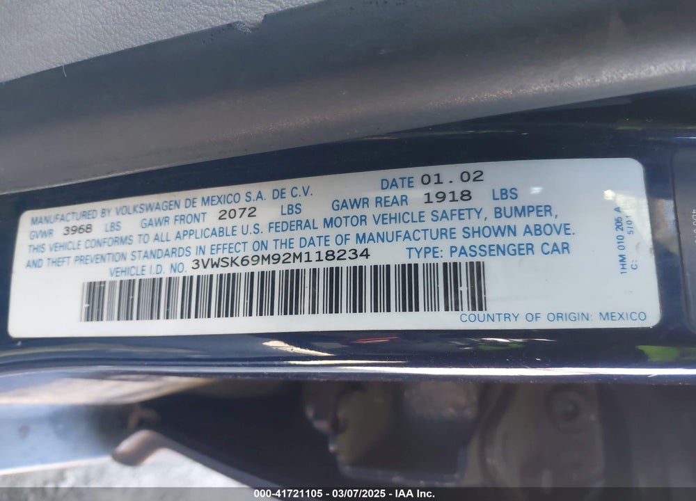 2002 VOLKSWAGEN JETTA VIN: 3VWSK69M92M118234