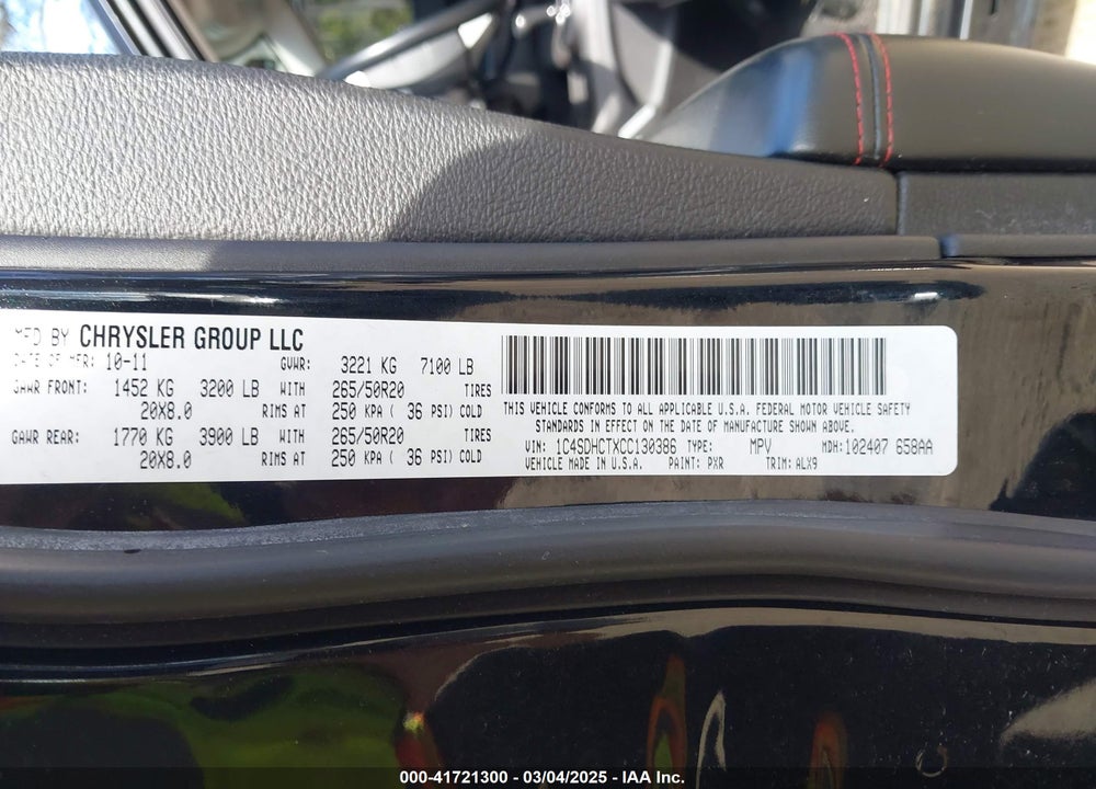 2012 DODGE DURANGO VIN: 1C4SDHCTXCC130386