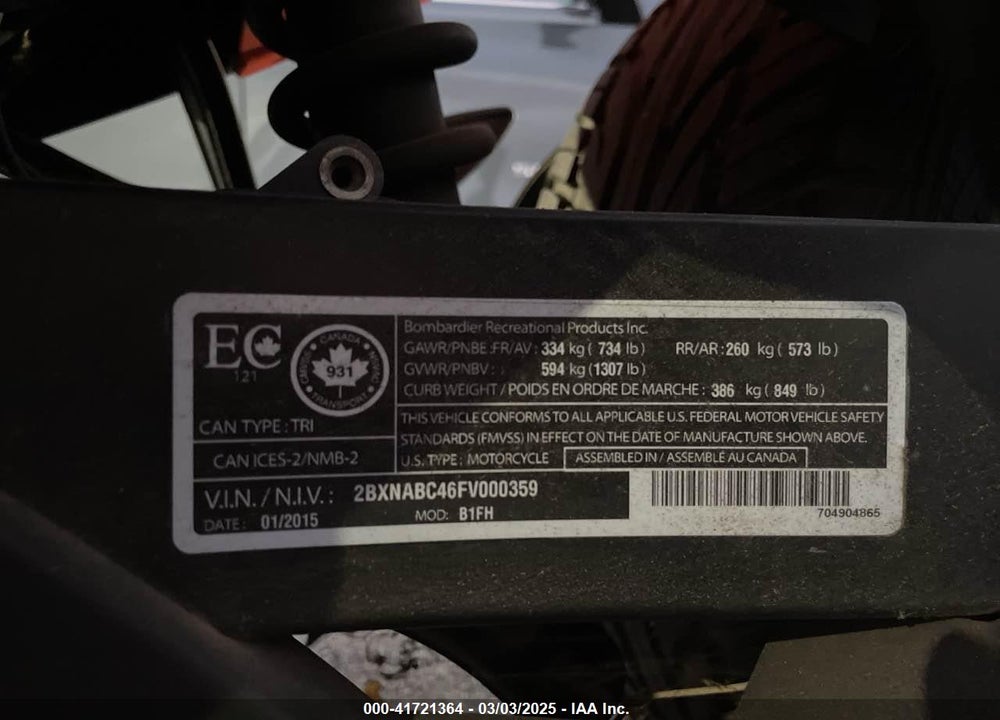 2015 CAN-AM SPYDER ROADSTER RS/RS-S/RS-S SPEC SERIES VIN: 2BXNABC46FV000359