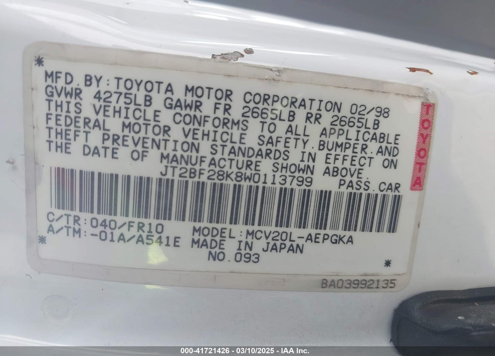 1998 TOYOTA CAMRY VIN: JT2BF28K8W0113799