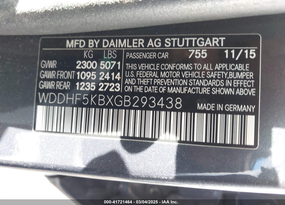 2016 MERCEDES-BENZ E VIN: WDDHF5KBXGB293438