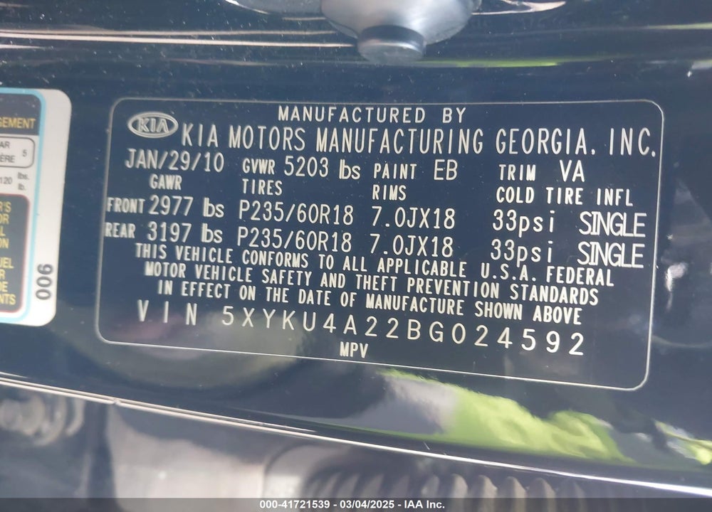 2011 KIA SORENTO EX V6 VIN: 5XYKU4A22BG024592