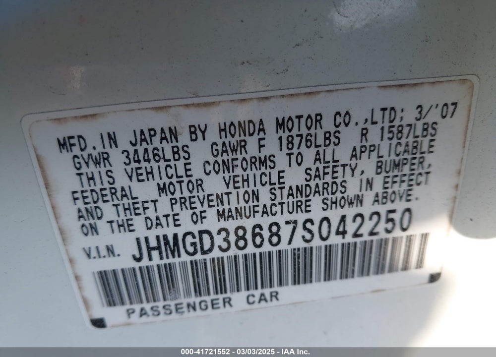 2007 HONDA FIT SPORT VIN: JHMGD38687S042250