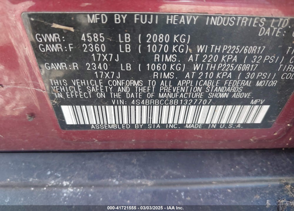 2011 SUBARU OUTBACK 2.5I PREMIUM VIN: 4S4BRBCC8B1327707