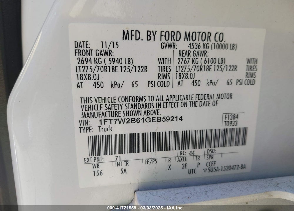 2016 FORD F-250 VIN: 1FT7W2B61GEB59214