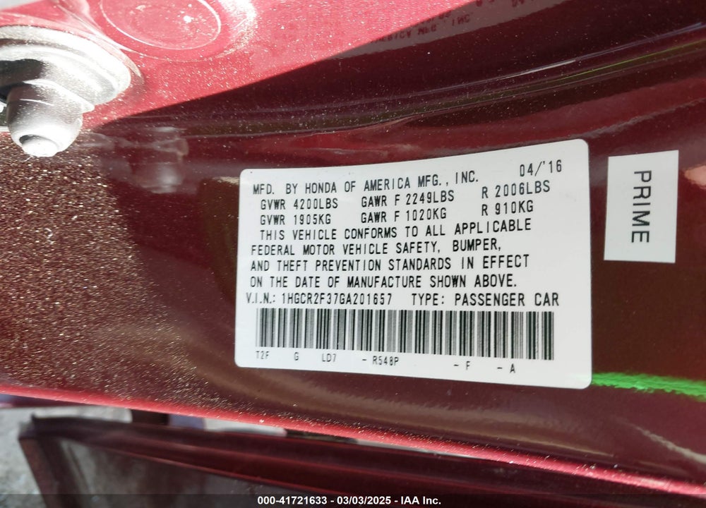 2016 HONDA ACCORD VIN: 1HGCR2F37GA201657