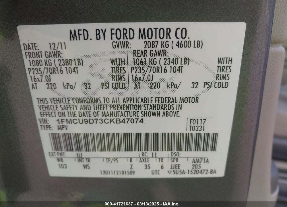 2012 FORD ESCAPE VIN: 1FMCU9D73CKB47074