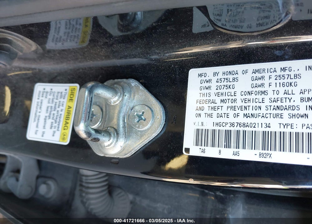 2008 HONDA ACCORD VIN: 1HGCP36768A021134