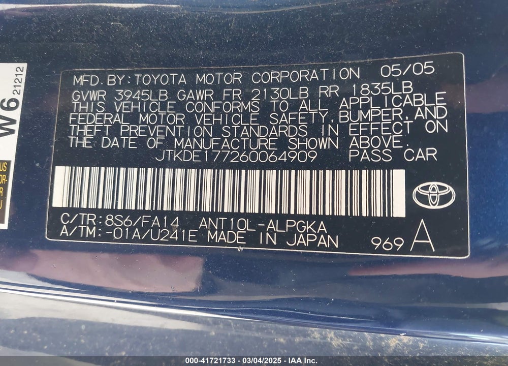 2006 TOYOTA SCION TC VIN: JTKDE177260064909
