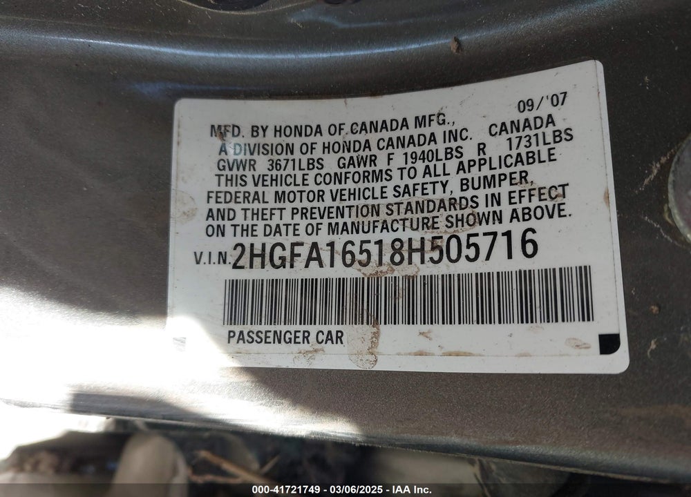 2008 HONDA CIVIC VIN: 2HGFA16518H505716