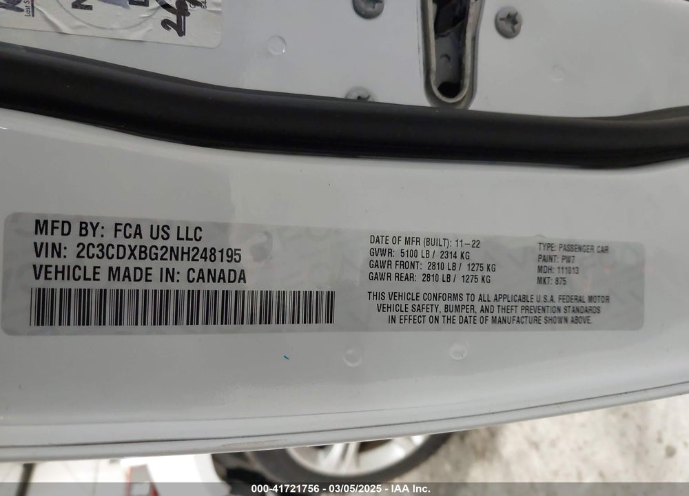 2022 DODGE CHARGER SXT RWD VIN: 2C3CDXBG2NH248195