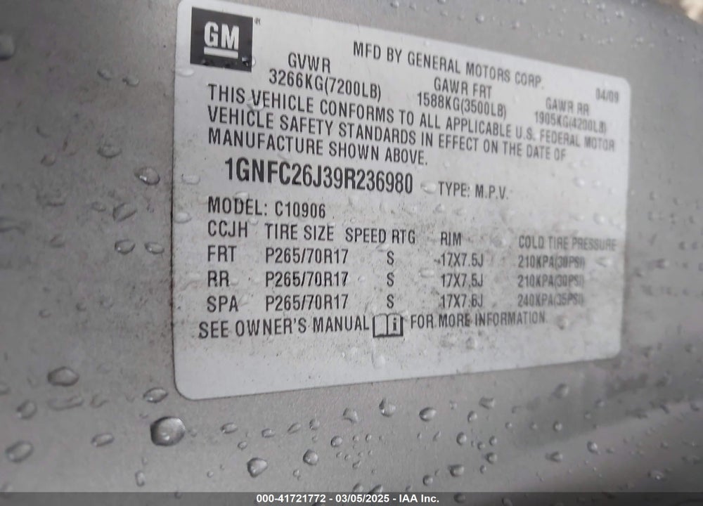 2009 CHEVROLET SUBURBAN 1500 VIN: 1GNFC26J39R236980