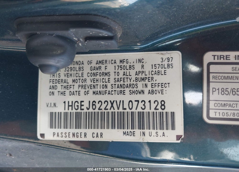 1997 HONDA CIVIC DX VIN: 1HGEJ622XVL073128