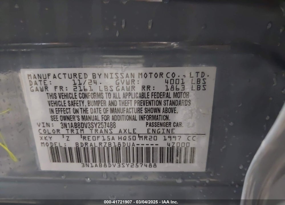 2025 NISSAN SENTRA VIN: 3N1AB8DV3SY257488