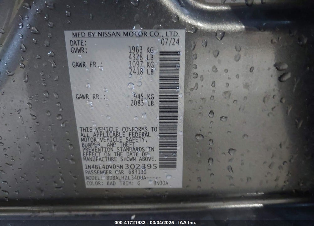 2025 NISSAN ALTIMA VIN: 1N4BL4DV0SN302395