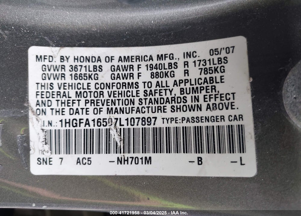 2007 HONDA CIVIC VIN: 1HGFA16507L107897