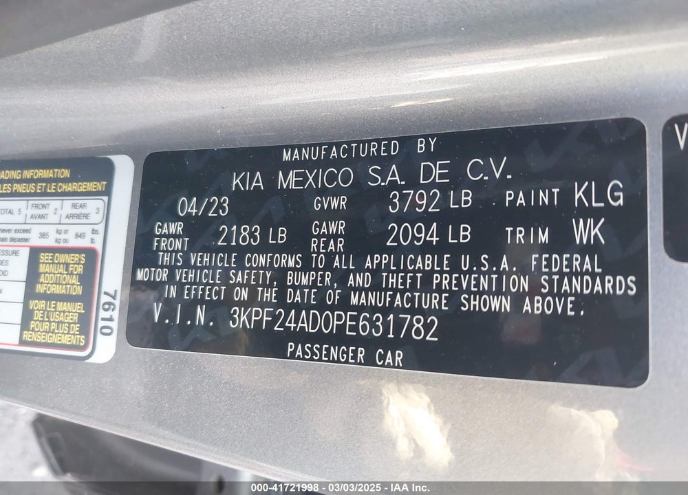 2023 KIA FORTE VIN: 3KPF24AD0PE631782
