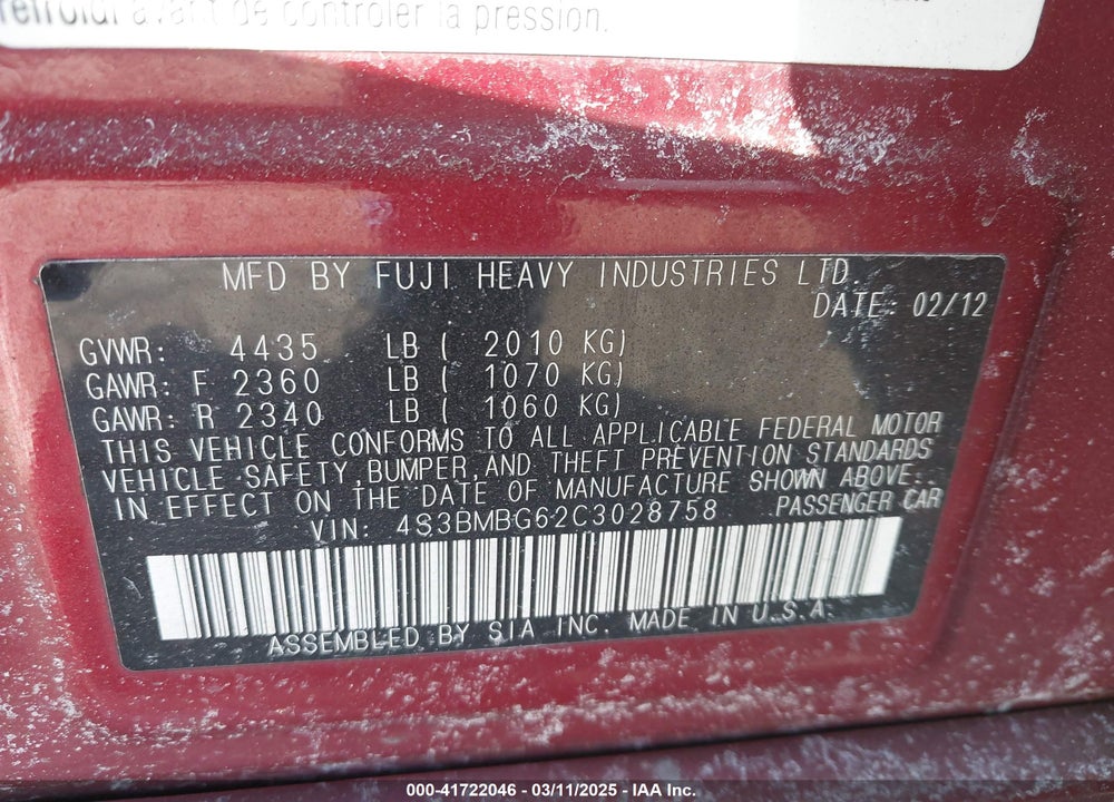 2012 SUBARU LEGACY VIN: 4S3BMBG62C3028758